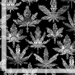 May include: Black and white patterned fabric with a repeating design of stylized cannabis leaves. The leaves are intricate and detailed, with a silver metallic sheen.