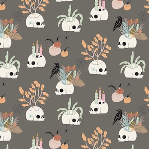 May include: A seamless pattern featuring a variety of skulls with different plants and flowers growing out of them. The skulls are white with black eye sockets and are set against a dark gray background. The plants and flowers are in shades of green, orange, and pink.