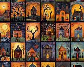 Fabric - QT Fabrics  CREEPING it REAL - Creepin' It Real Halloween Mini Haunted House Blocks- 30389 -X -Multi