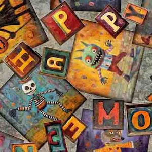 May include: A colorful fabric with a patchwork design featuring letters spelling out "Happy" and various illustrations, including a monster, a skeleton, and a wolf.