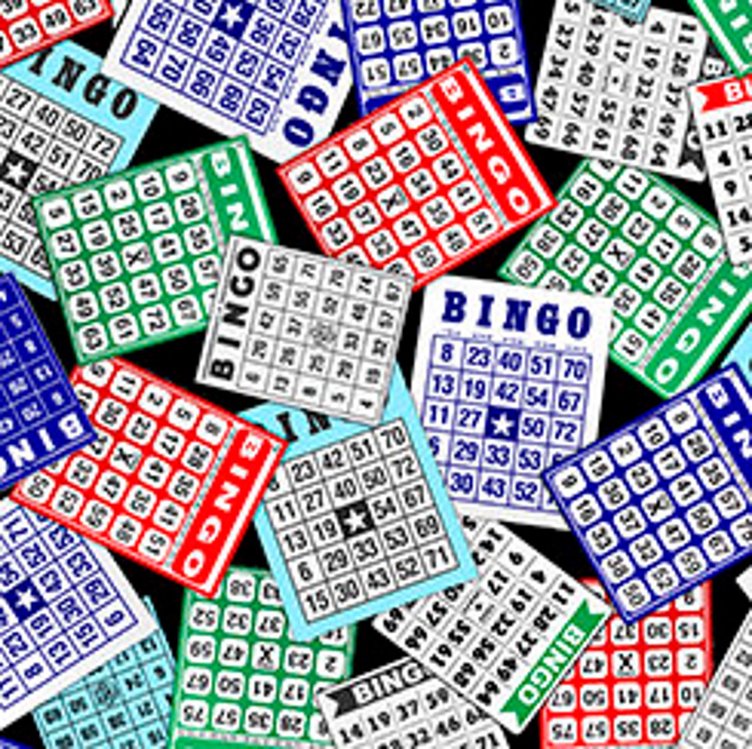 Fabric QT Fabrics BINGO Cards Tossed on Black Gambling Gaming This and That Collection 29235 X