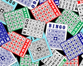 Fabric QT Fabrics BINGO cards tossed on black gambling gaming this and that collection   #29235 X