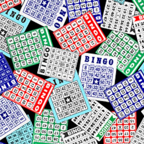 Fabric QT Fabrics BINGO cards tossed on black gambling gaming this and that collection   #29235 X
