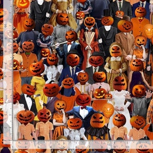Puede incluir: Un patrón colorido con una variedad de personas con cabezas de calabaza. El patrón está sobre un fondo blanco.