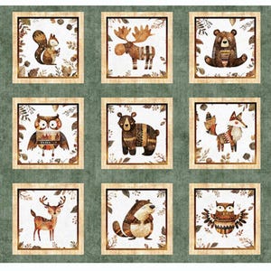 May include: A fabric panel with nine framed illustrations of woodland creatures. The animals include a squirrel, moose, bear, owl, fox, deer, and a groundhog. Each animal is depicted in a folk art style with earthy tones and decorative patterns, set against a green background.