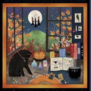 May include: A black cat sits on a dark blue surface with a book, candles, and a cauldron. The cat is looking to the left. The background is a window with a view of a forest and three witches flying in the moonlit sky.