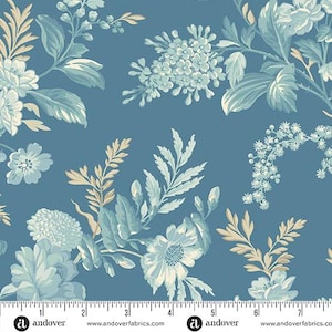 Fabric - Andover Fabrics Sewing Bird Edyta Sitar Laundry Basket Quilts Large Floral birds Blue A-1600 B