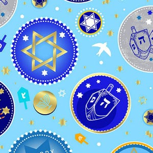 Fabric Benartex Kanvas Festival of Lights Hanukkah 9948-05 on light blue stars dredls dove gelt