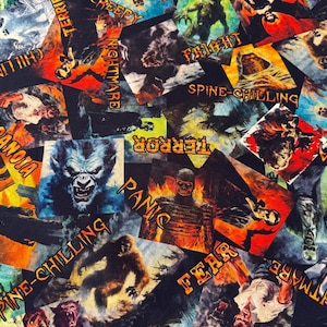 Puede incluir: Un diseño de tela con un collage de carteles de películas de terror vintage. Los carteles son de varios colores, incluyendo rojo, azul y amarillo, con palabras como "Terror", "Pesadilla" y "Pánico". El tema general es el terror y el suspense.