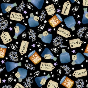 Fabric  - P&B Textiles Practical Magic Halloween Potion Toss # PMAG5363-K bottles on black