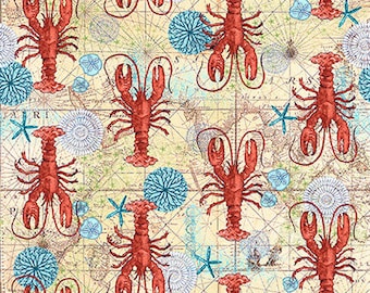 Fabric - StudioE- Deep Blue Sea - Lobsters on a map patterned background  -5793-38
