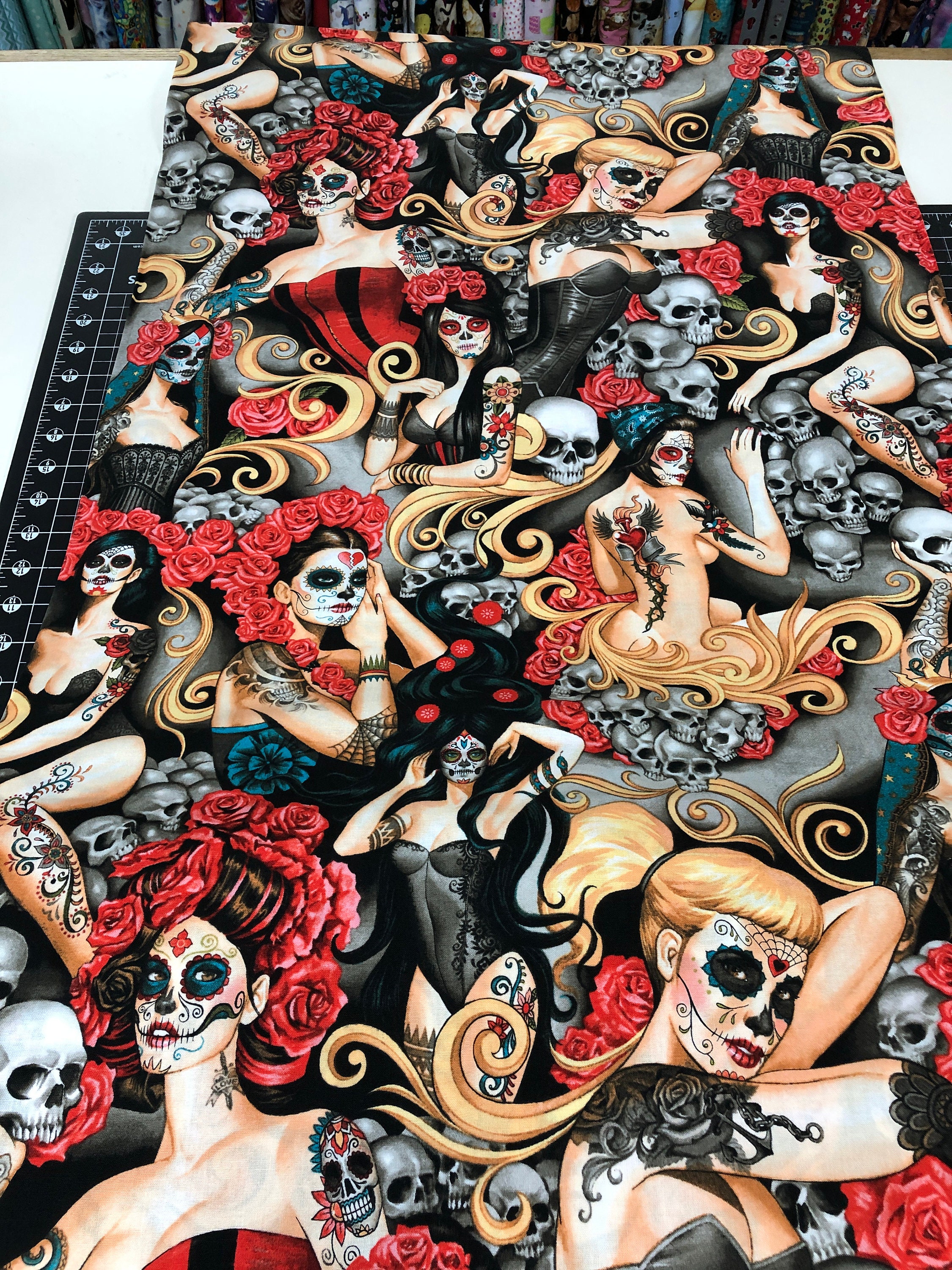 By the Yard Alexander Henry "Las Elegantes" Day of the Dead Pinup Fabric-NEW By the Yard Alexander Henry "Las Elegantes" Day of the Dead Pinup Fabric-NEW