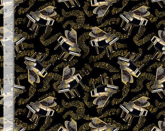 Fabric Timeless Treasures Grand Pianos music notes and swirling staff in gold metallic on black CM3236  BLACK