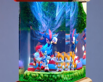 Lamp Cartoon Blue Hedgehog Epoxy Resin Wood, Custom Night Light, Table Lamp, Animal Cute Lamp, Personalized Gift for Kids, Father's Day Gift