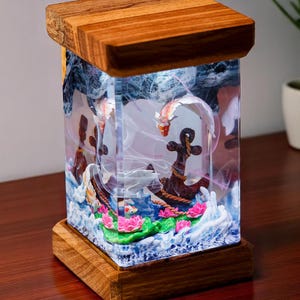 Koi Fish Epoxy Resin Wood Lamp, Custom Night Light, Diorama Lamp, Table Lamp, Unique Gift For Him, Handmade Father&#39;s Day Gift