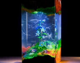 Sword Master Lamp Resin Epoxy, Custom Resin Lamp Wood, Sword with Flower Night Light, Gaming Decor Art, Personalized Handmade gift for Him