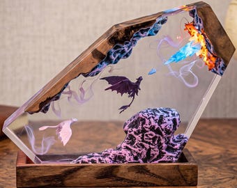 Fire Dragon and Light Winged Companion Resin Lamp, Fantasy Epoxy Night Light, Handmade Dome Diorama, Unique Bedroom Decor Gift