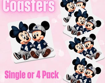 May include: Four square coasters featuring a cartoon image of Mickey Mouse and Minnie Mouse wearing Dallas Cowboys jerseys. The text "Coasters" and "Single or 4 Pack" is printed on the image.