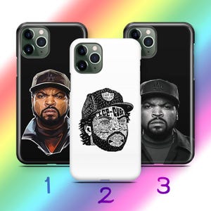 May include: Three phone cases with different designs featuring Ice Cube. The first case is black with a white image of Ice Cube wearing a black hat. The second case is white with a black image of Ice Cube wearing a black hat with the words "Fuck Da Police" written on it. The third case is black with a white image of Ice Cube wearing a black hat.