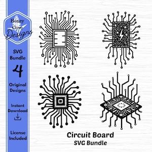 May include: A digital art SVG bundle featuring four black circuit board designs. The designs include various circuit board layouts with intricate lines and shapes. The image also includes the text "Circuit Board SVG Bundle".
