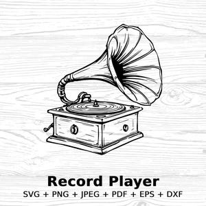 May include: A black and white line drawing of a vintage record player with a large horn. The record player is on a wooden base and has a round turntable. The horn is shaped like a flower and is pointing upwards.