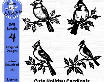 Holiday Cardinal SVG Bundle, Digital Bird Clipart, Branch Vector Download, Cricut Silhouette, Christmas Art, Winter Decor DIY Nature Graphic