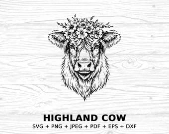 Highland Cow Digital Download SVG PNG JPEG pdf eps dxf, Farm Animal Clipart, Rustic Wall Art, Boho Cow Printable Art, Commercial license
