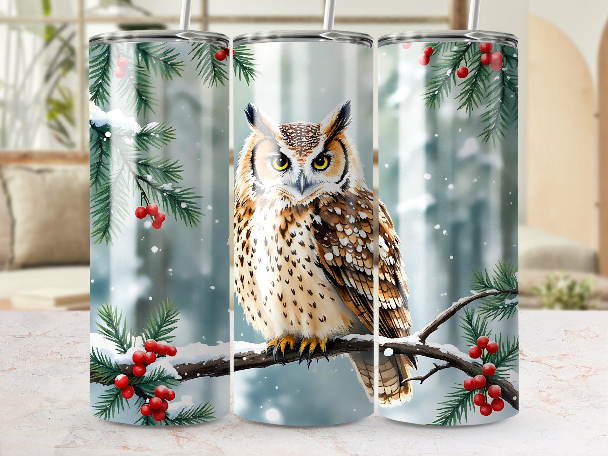 Winter Owl Digital 20oz Tumbler Wrap, Christmas Owl Holly, Straight and Tapered Download, Snowy Owl 