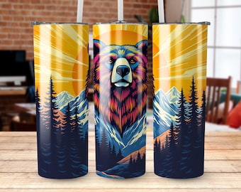 Télécharger 20 oz, montagnes d'ours dynamiques, conception PNG, emballage de verre à thème aventure, droit et conique