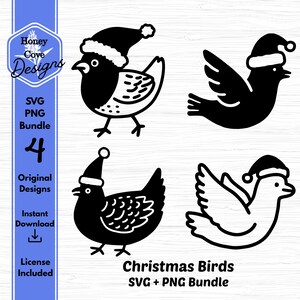 May include: A digital SVG and PNG bundle featuring four Christmas bird designs. Each bird is depicted in black and white, wearing a Santa hat. The designs include various poses, such as standing and flying, with intricate feather details.