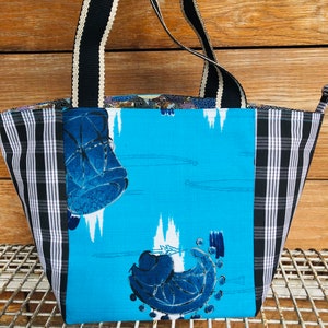 Mini Vintage Hawaiian Tote Bag: Japanese Fortune Fabric, Palaka Accents