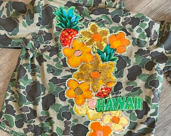 Vintage Camo Jacket / Upcycled Camo/ Vintage Hawaiian / Pineapples