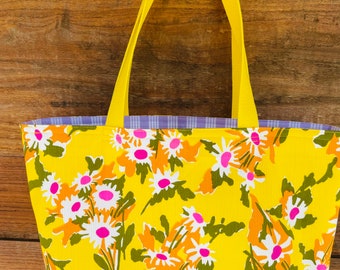 Vintage Hawaiian Textiles/ Hawaiian Tote Bag / Market Bag / Beach Bag / Yellow / Lavender Palaka