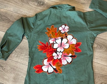 Vintage Military Jacket / Upcycled / Vintage Hawaiian Floral Appliqué