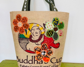 Buddha’s Cup Coffee Sack Tote / Tall Shopper/ Kona Coffee Tote / Olive Green