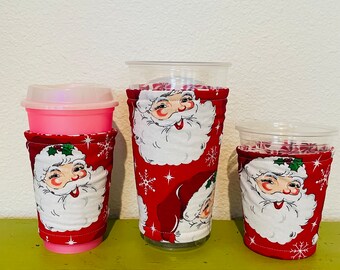 Santa Coffee Cozy / Starbucks Reusable Hot Cup Cozy / Iced Coffee Sleeve/ Peppermint / Christmas/ Mele Kalikimaka