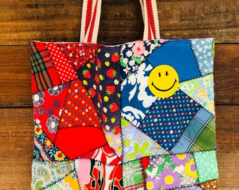 Smiley Face Patch / Vintage Patchwork Bag / 70s Chic / Beach Bag / Oversized Tote/ 70s Bag