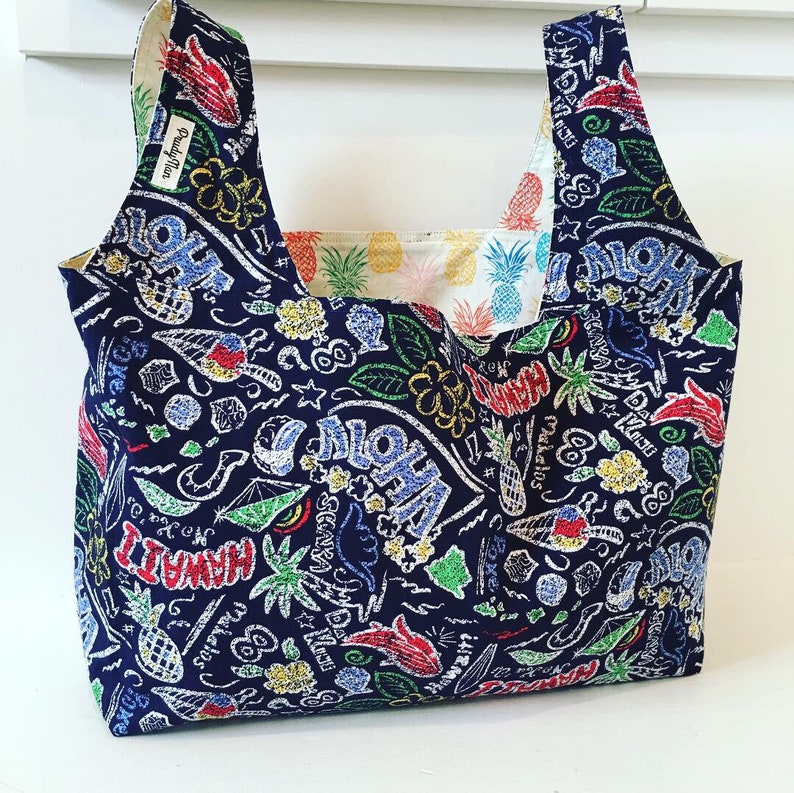 Grocery Bag Market Bag Reversible Washable Aloha Pineapples