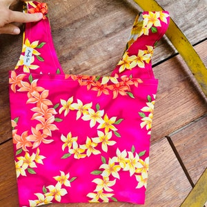 Hot Pink Plumeria Hawaiian Grocery Bag: Reversible Cotton Market Tote