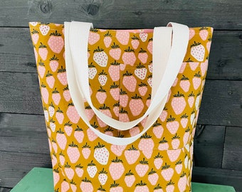 Strawberry Tote / Gold and Pink / Tall Shopper Bag