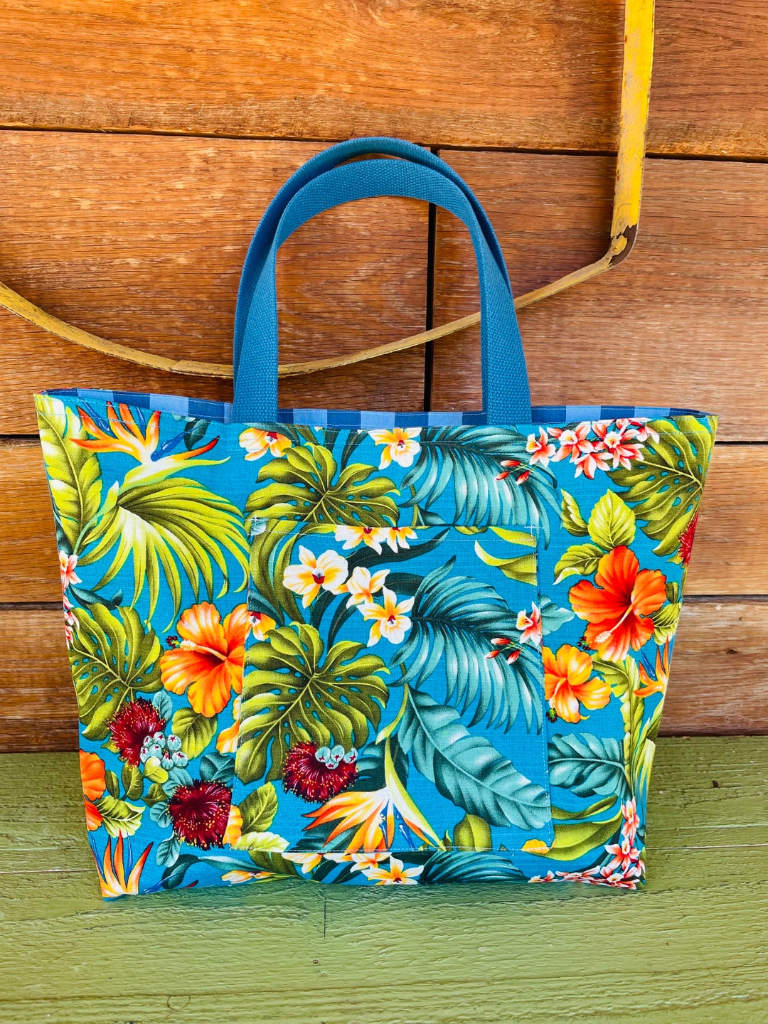 Hawaiian Tote Bag / Gingham / Turquoise Tote / Beach Bag / Market Bag