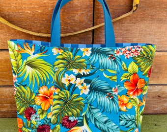 Hawaiian Tote Bag / Gingham / Turquoise Tote / Beach Bag / Market Bag