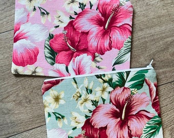 Sage and Pink/ Hawaiian Barkcloth / Zipper Pouches