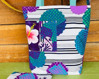 Vintage Hawaiian Tote and Pouch Set / Purple / Tall Shopper / Market Bag / Zipper Pouch / Purse Pouch