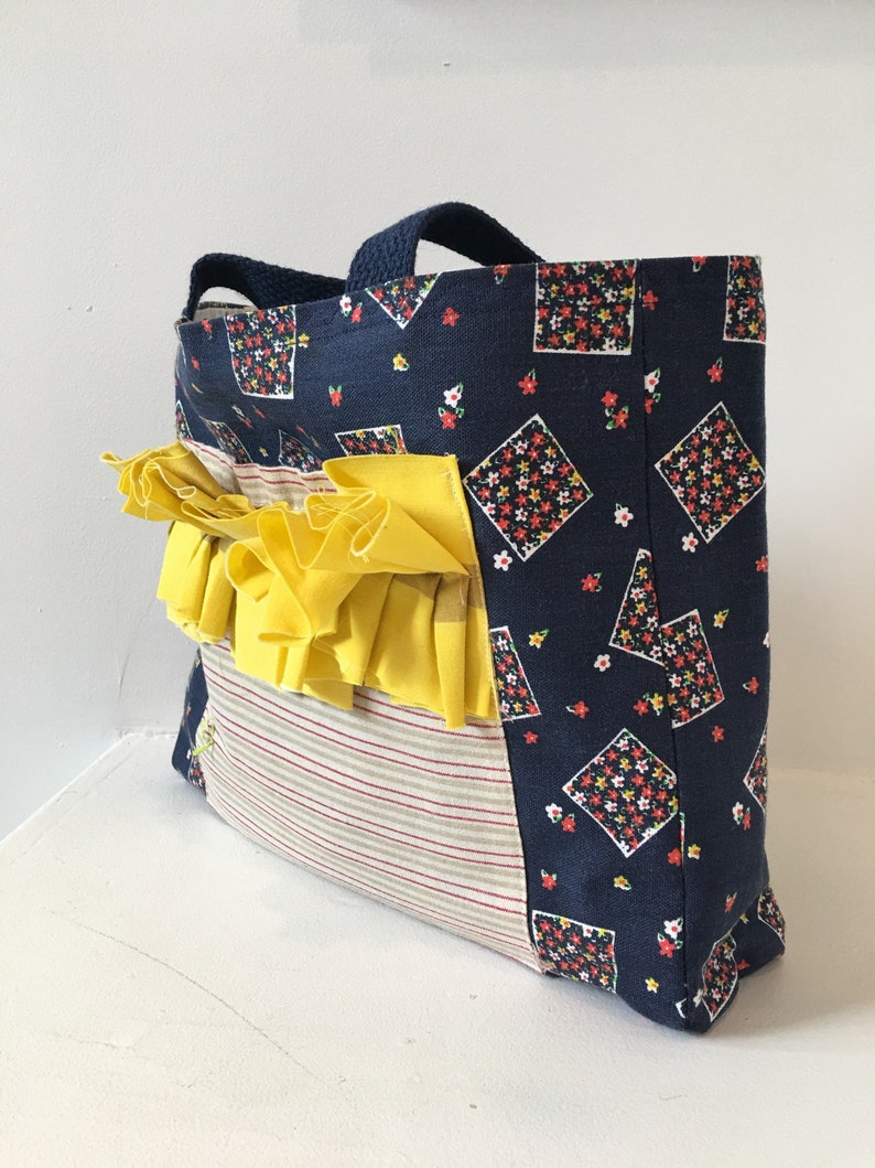 Girls Tote Ruffle Pocket Vintage Fabric Purse Girls Bag