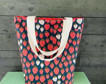 Strawberry Tote / Navy and Red / Tall Shopper Bag