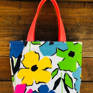 Vintage Hawaiian Tote / Blue Palaka/ Vintage Neon / Handbag/ Purse/ Mod Floral