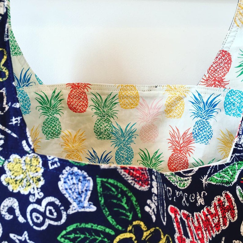 Grocery Bag Market Bag Reversible Washable Aloha Pineapples