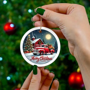 Retro Red Truck Merry Christmas Ceramic Ornament, Christmas Tree Ornament, Vintage Red Truck Xmas Ornament, Christmas Gift, Xmas Tree Decor