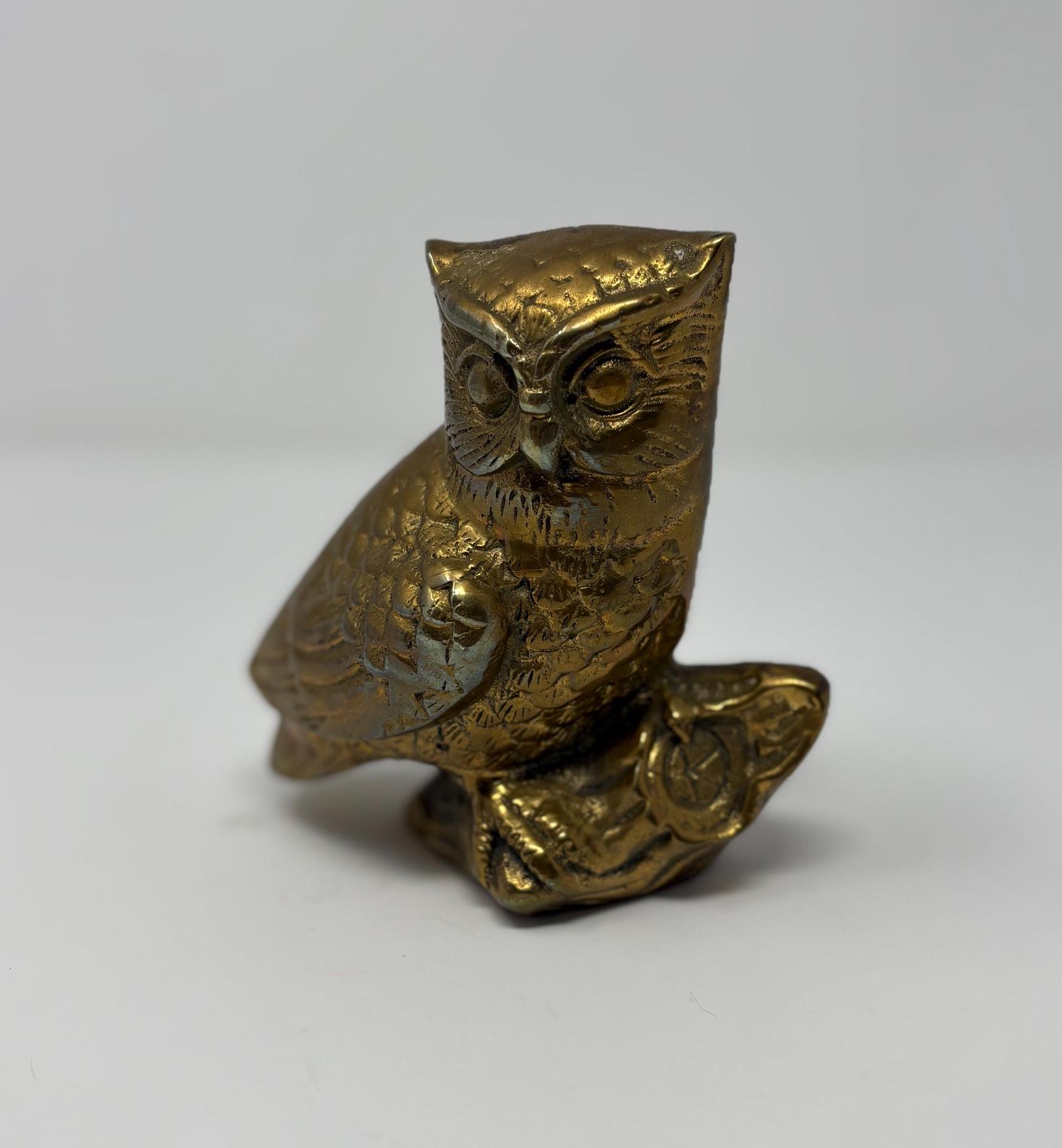 Vintage Brass Owl on Branch Figurine, Paperweight